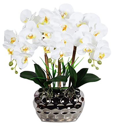 VUIUYOIES Grande orchidea artificiale bonsai con vaso realistico Phalaenopsis piante finte fiori per centrotavola ornamenti per la casa, Bianco giallo chiaro