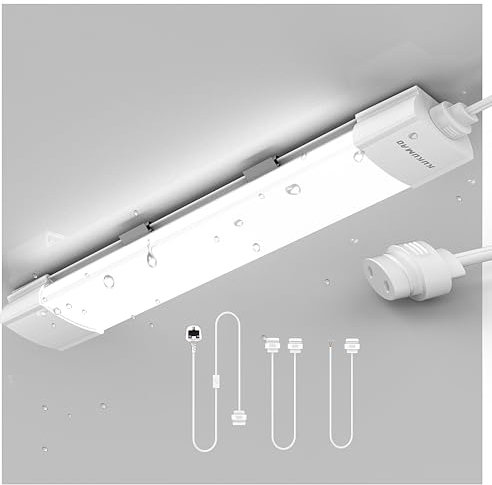 KUKUMAO LED Batten Light Daylight 6000K with Plug,Linkable LED Fluorescent Lights for Garage, Workshop, Office, Wall, Kitchen, Shed, IP65 Plug in Ceiling Light Strip. 1.4FT, 43cm, 16W.