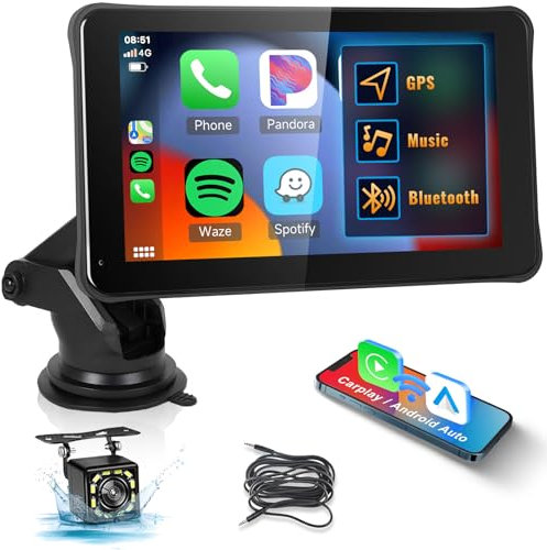 Hodozzy Carplay Display Auto Bildschirm mit Wireless Carplay Android Auto, 7 Zoll HD IPS Touchscreen Tragbares Autoradio Bluetooth AUX/FM/GPS Navi/TF/Mirror Link/Freisprechfunktion +Rückfahrkamera