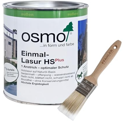 Osmo Einmal-lasur HS Plus Fichte-Weiß 9211 transparent 0,75l Dose + Flächenstreicher Pinsel von Pfahler Einfacher Holzschutz: UV-beständige Lasur ohne Grundierung