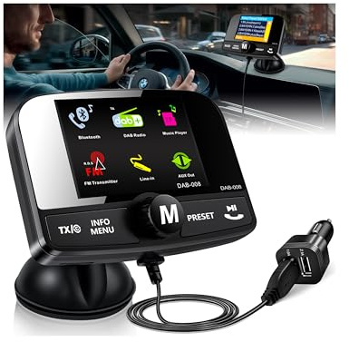 LanBlu Adaptador Dab para Radio de Coche, Adaptador Dab Bluetooth Coche con TF 64G, FM Transmisor Bluetooth Coches con Manos Libres Blueteeth, Adaptadores Radio Dab+ Reproductor de Música+Aux In/out