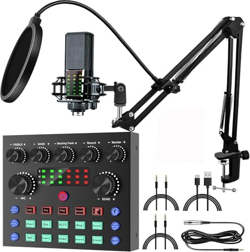 Sicomne Podcast Microphone Bundle Audio Interface Voice Changer, Podcast Equipment Bundle USB Gaming Mic DJ Audio Mixer Recording Studio Equipment Live Sound Card for Live Streaming Youtube V8S plus