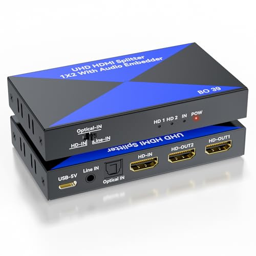 Sdoppiatore HDMI 4K 1 in 2 out con audio embedder, HDMI 2.0, inseritore audio digitale analogico (ottico/3,5 mm), HDCP 2.2, 2 display mostrano lo stesso contenuto contemporaneamente per PS4/5, lettore
