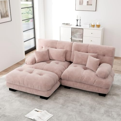 Luonians Divano ad angolo Cloud per soggiorno, divano a 2 posti Relax divano imbottito in ciniglia con 2 cuscini lombari e 2 cuscini decorativi, con braccioli larghi e pouf, ciniglia (rosa)