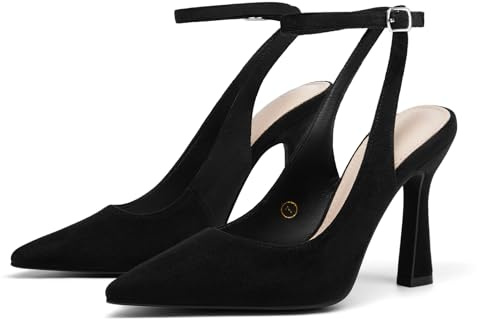 Coutgo Womens Closed Toe High Heels Slingback Pointed Toe Pumps Ankle Strap Dress Shoes, Suede Black, Size 8