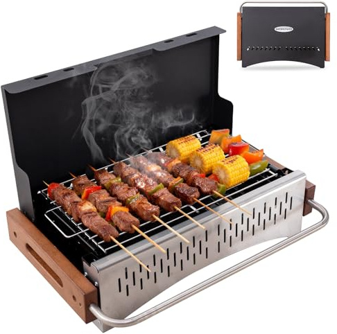 HOMAVO Holzkohlegrill tragbar, klappbarer Grill 38,15 x 20,95 cm, werkzeuglose Montage, 2-fach höhenverstellbar, ideal für Balkon Garten Camping