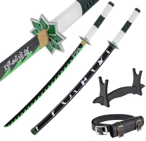 Katana i Trä 77 cm med Bälte och Ställ - Daemon Slayer Dekorativt Japanskt Svärd för Anime Cosplay, Maskerad och Rollspel - Wakizashi Träsvärd - Kort Samurajsvärd i Bambuträ (Ej Vasst)