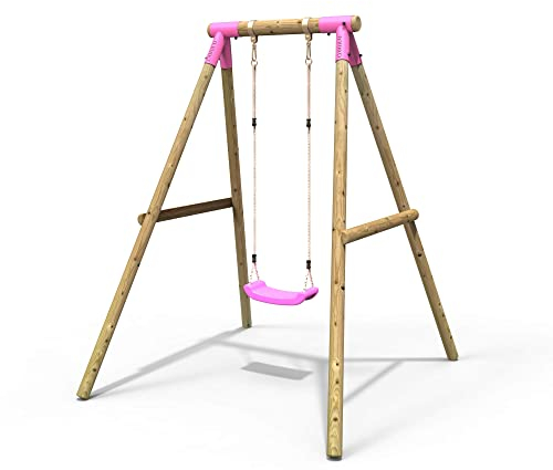 Rebo® Children's Wooden Garden Swing Set - Solar Pink | OutdoorToys | Pressure Treated Timber, Soft Feel Ropes, Pink Swing Seat, Sturdy Construction for Kids