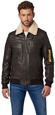 RICANO TG-1101 Herren Flieger Lederjacke aus echtem Lamm Nappa Leder mit Fellkragen aus Lammfell in schwarz und dunkel braun (Dunkelbraun, M (50))
