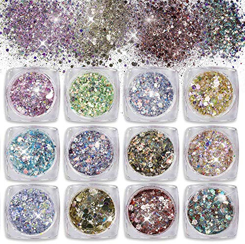 Purpurinas Polvo 12 Colores Chunky Glitter Paillette Brillante Decoración para Cara Maquillaje Pelo Arte Corporal Uñas y Mejilla