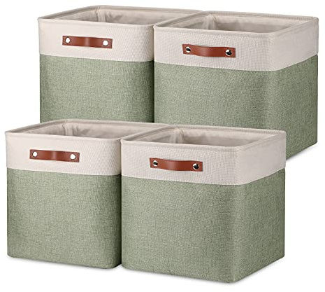 Temary Cube Storage Baskets for Shelves 4pack Fabric Storage Basket for Organizing Clothes, 13 Inch Storage Cubes with Leather Handles, Closet Baskets (White&Green)