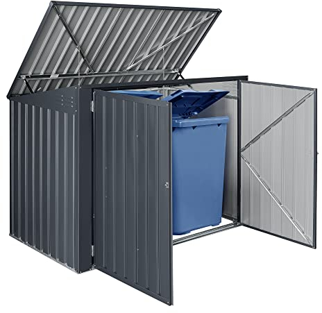 Deposito da Giardino Copribidone per 2 Cassonetti da 240 L Box per Attrezzi Casetta per Bidoni da Spazzatura - Struttura in Acciaio - Grigio Scuro