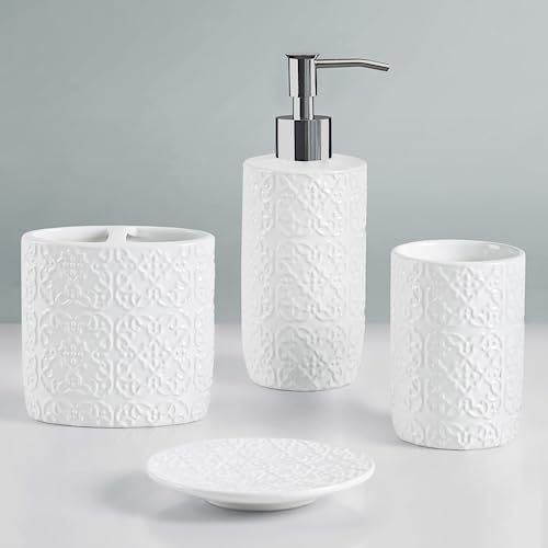 Martha Stewart Ceramic Bathroom Accessories Set, Vanity Decor Storage Organizer, Embossed Damask Medallion, Lotion/Soap Dispenser, Toothbrush Holder, Tumbler, Trinket Dish, Assorted Sizes White