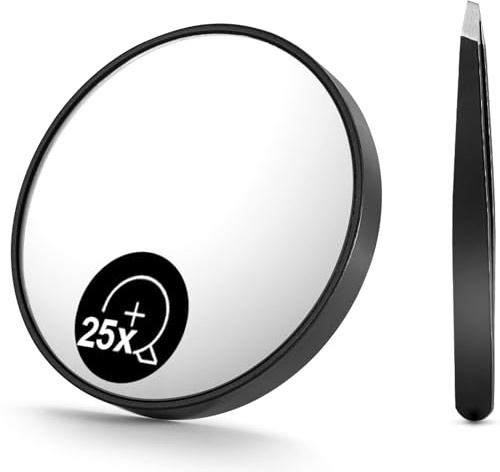 OMIRO 25X Magnifying Mirror, Travel Size Suction Magnifier Mirror for Makeup & Bathroom Shaving (8.8cm Black,with Tweezer)