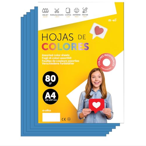 Folios De Colores A4 80g Para Impresoras y Manualidades, Papel Surtido Para Niños, Paquete Folios Colores Para Tarjetas, Escuela y Proyectos Creativos · m-office (50h, Azul)