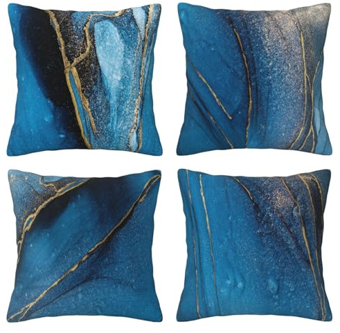 DILOXNSU Blue Gold Cushion Covers 45 x 45 cm Set of 4 Double-Sided Marble Ink Abstract Art Cushions Cases 18 x 18 Inch Modern Decorative Pillow Cover for Sofa Bed Couch