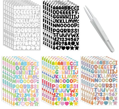 GETRICH 30 fogli autoadesivi, lettere adesive, resistenti alle intemperie, colorate con pinzette, numeri in vinile, lettere da incollare, per scrapbooking fai da te