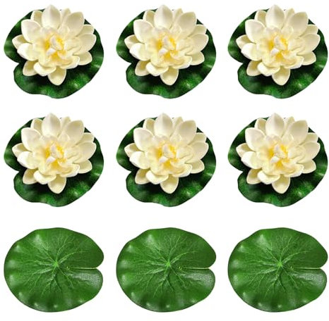 9 Stück Seerosen Künstlich, mit 6 Schwimmende Blumen und 3 Lotosblatt, Teichpflanzen Künstlich, Teichdeko,Schwimmende Blumen, Künstliche Seerosen für Aquarium, Terrasse Garten Pool, Garten Teich