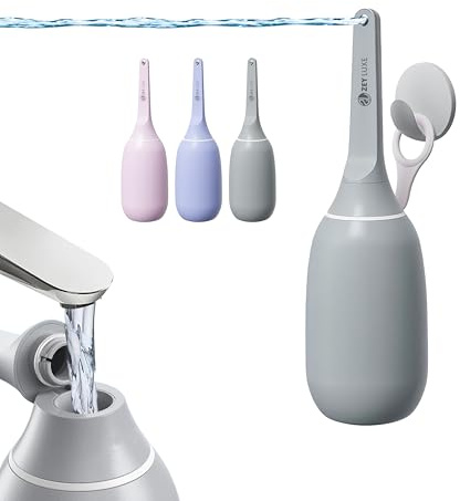 ZEY LUXE Upgraded Handheld Travel Bidet, Peri Bottle – Strong Pressure Manual Portable Bidet for Postpartum Care, Feminine Hygiene, Soft Squeeze, Wall-Mountable Hook, Carry Bag (Grey, 400 ML)
