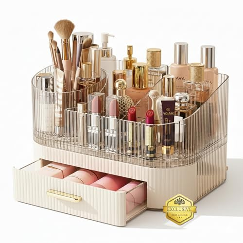 BEMANZ Organizador de Maquillaje con Cajones Apilables y Módulo Giratorio, Transparente con Cajón Crema para Cosméticos, Brochas y Perfumes para Tocador y Escritorio Organizador MAquillaje