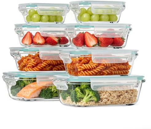 HAUSVIVO Set de 8 Recipientes Herméticos de Cristal – 4 Tamaños x 2 – Fiambreras de Vidrio con Tapa – 1040ml/640ml/370ml/180ml – Apto Microondas, Horno, Congelador – Sin BPA – Ahorro Pack Familiar