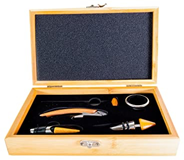 Pradel Excellence - Coffret Sommelier en Bambou 5 Pièces - Tire-Bouchon, Thermomètre, Stop-Goutte, Bouchon et Verseur - Présentation Élégante - Idéal pour les Amateurs de Vin