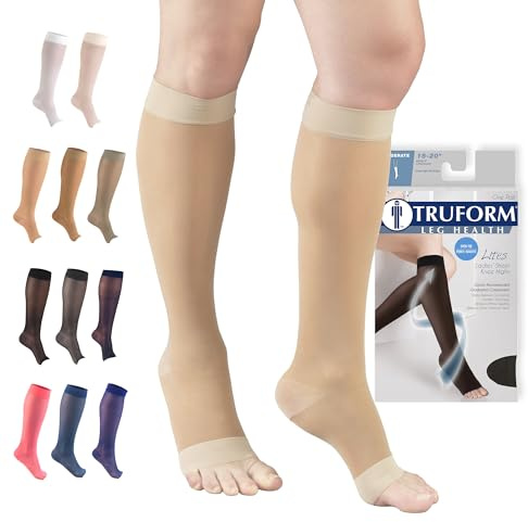 Truform Sheer Compression Stockings, 15-20 mmHg, Women's Knee High Length, Open Toe, 20 Denier, Nude, Large