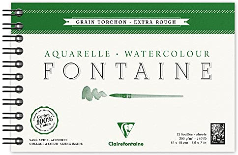 Clairefontaine 96319C akvarellblock fontaine (med dubbel spiral, 12 blad, grovkornig torchon, 100% hår, perfekt för våtteknik, 300 g, 12 x 18 cm) vit