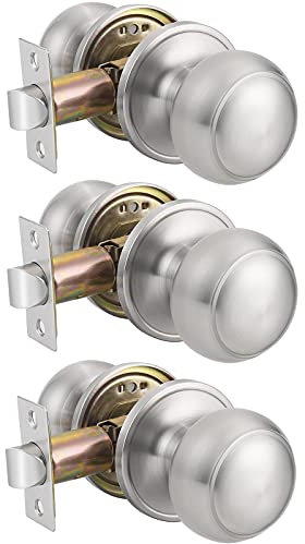 Probrico Brushed Nickel Passage Door Knobs, Stainless Steel Interior Door Knobs, Keyless Door Knobs for Hallway, 3 Pack