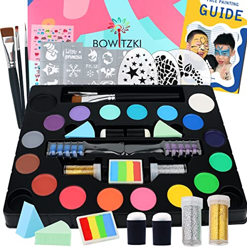 Bowitzki Kit de pintura facial para niños, 18 colores, pintura facial dividida, tizas para el cabello, pinceles, esponjas, purpurina, gemas, plantillas reutilizables, maquillaje profesional no tóxico