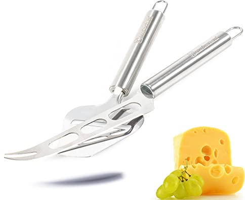 Kerafactum Cortador de queso y cuchillo de queso en juego de acero inoxidable adecuado para queso duro, corte de queso como un cuchillo rallador, mango redondo para regalar, planificador de queso,