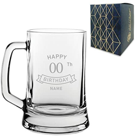 Personalised Engraved Tankard Beer Mug Stein Happy 20,30,40,50... Birthday Banner Design, 16.75oz/495ml Classic Beer Glass, Any Name, Engraved in The UK