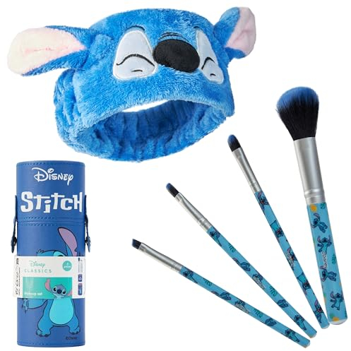 Disney Set Pennelli Make Up - Astuccio Stitch con Pennelli Trucco e Fascia per Capelli - Trousse Da Viaggio Donne Ragazze Stitch Gadget Ufficiale (Blu)