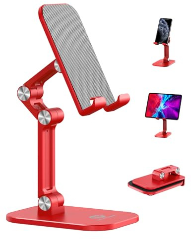 OCYCLONE Phone Stand, Adjustable Height and Angle Foldable Cell Phone Stand Holder for Desk, Taller iPhone Stand Compatible with 4.7-13 Smartphones iPad Tablet, Red