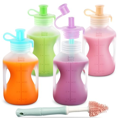 Silicone Reusable Baby Food Pouches 4 Pack, Durable and Leak-Proof Refillable Squeeze Pouches, Easy to Clean and Dishwasher Safe, Baby Food Storage for Homemade Puree, Yogurt, 5oz