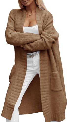Imily Bela Cardigan long en tricot épais pour femme avec poches - Automne - Manteau d'hiver ouvert à l'avant