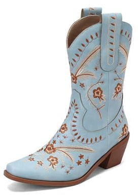 TangDao Botas vaqueras para mujer botas vaqueras bordadas, botas de trabajo de moda con punta cuadrada a media pantorrilla