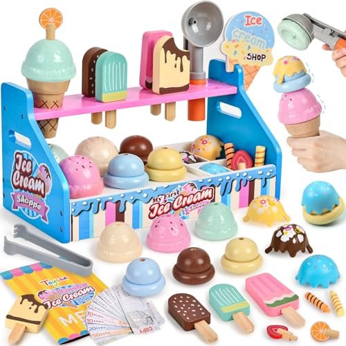 Atoylink Glacier en Bois Jouet à Crème Enfants Cuisine de Jeu Accessoires de Cuisine Panier de Courses Boutique Accessoires de Magasin Stand de Glaces Jeu de Rôle Cadeau Jouet pour Filles 3 4 5 6 Ans