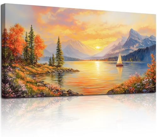 hyidecorart quadri moderni soggiorno, 50x100 cm Quadri Grandi Dimensioni, Paesaggio Quadro al Tramonto, Stampe su Tela, Decorazione Parete per Camera Ufficio Sala
