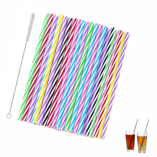 60 Pezzi Cannucce Riutilizzabili Colorate Cannuccia in Plastica con Spazzola 23cm Set di Cannucce Ispessite per Frullati Succhi Cocktail Bevande Calde