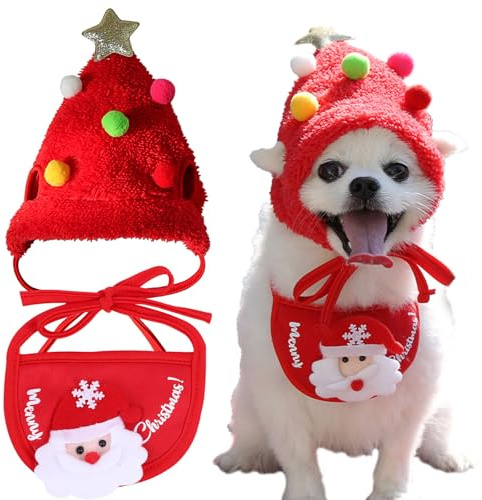 KASESSS Bonnet Noel Chat, Chapeau Sapin de Noel pour Animal de Compagnie, Bonnet de Noël pour Chat Chien avec Étoile et Pompon Colorés, Festival Vêtements y Serviette pour Chats et Petit Chien, Rouge