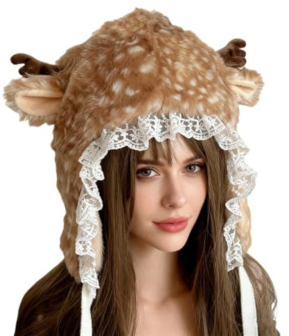 Sombreros para disfraces de animales: accesorio con estampado de astas, gorros de felpa acogedores, estilo de personaje de invierno suave y peludo, capucha de temporada cálida y transpirable | Lindo d