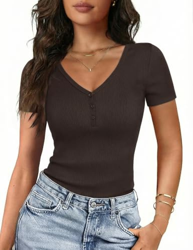 Gyabnw Tee Shirt Femme Col V Côtelé Manches Courtes à Boutons | Boutons réglables à l'encolure, Maille côtelée, Coupe ajustée, Style féminin pour été et soirées