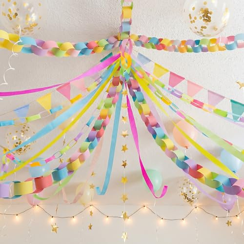 ForraFun 313 Pcs Macaron Fancy Party Decorations, Pastel Burlap Pennant Banner Flags, Crepe Paper Streamers, Glitter Star Garland, Bright Paper Chain Strips for Birthday Spring Easter Wedding Carnival