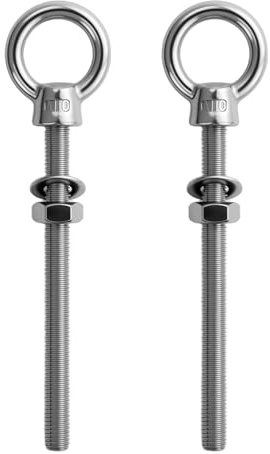 2 tornillos de ojo con arandelas y tuercas hexagonales, M10 x 120 mm, perno de ojo largo, perno de ojo de anillo, tuerca anular de acero inoxidable, para fijación, colgar