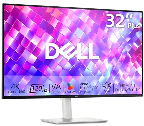 Dell 32 inch Monitor, 4K (3840 x 2160), 120Hz, VA Panel, AMD FreeSync Premium, 1500:1 Contrast Ratio, LED Display, sRGB 99%, VESA, Integrated 2x5W Speaker, Comfortview, HDMI/DisplayPort, Tilt/Height