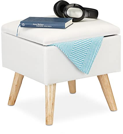 Relaxdays Hocker mit Stauraum, Kunstleinen-Bezug, gepolstert, Holzbeine, Fußhocker mit Deckel, HBT: 40x40x40 cm, weiß