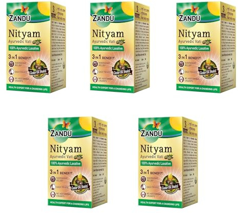Zandu Nityam Lot de 5 comprimés ayurvédiques Vati | 100 % laxatif ayurvédique | Aide à soulager la constipation | 30 comprimés
