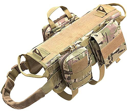 AIWAI Taktisches Hundegeschirr Molle-Weste No-Pull Sicherheitsgeschirr für mittlere und große Hunde verstellbar, Outdoor-Training Militärisches Material Geschirr mit Taschen M,Camouflage