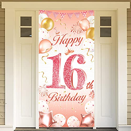 DPKOW Rose Gold 16th Birthday Banner - Backdrop, Wall & Table Decoration, 185 x 90cm Fabric